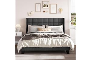 Allewie Queen Size Platform Bed Frame with Wingback, Fabric Upholstered Square Stitched Headboard and Wooden Slats, Mattress Foundation, Box Spring Optional, Easy Assembly, Dark Grey