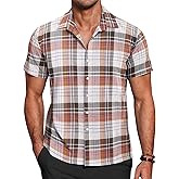 COOFANDY Mens Short Sleeve Button Down Shirt Plaid Button Up Shirts Casual 75% Cotton Work Shirts