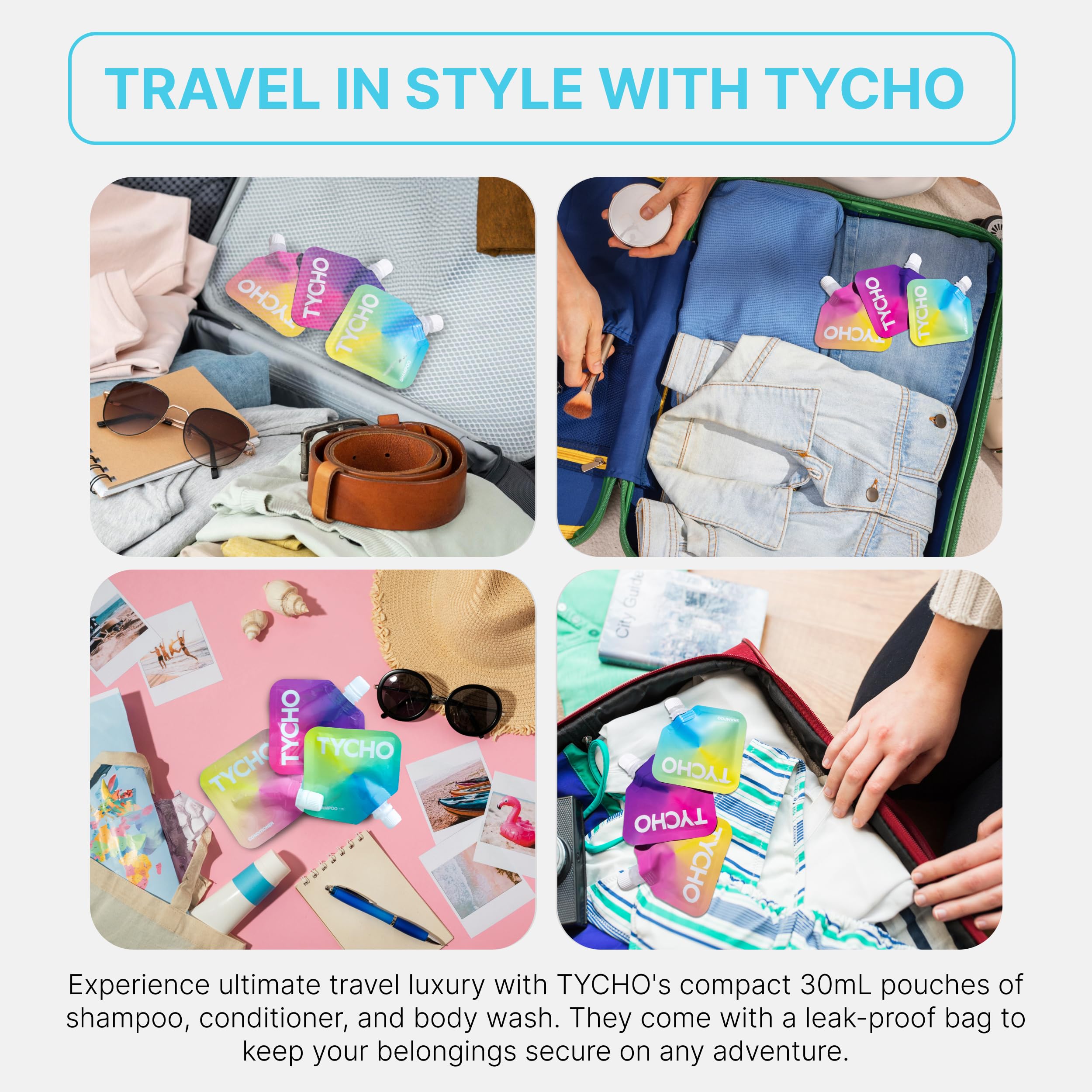 TYCHO Travel Size Shampoo and Conditioner Sets - Moisturizing Shampoo, Conditioner for Dry Hair & Body Wash for Sensitive Skin | Travel Bag, Paraben-Free, Vegan, & Cruelty-Free 30mL (1 fl oz)