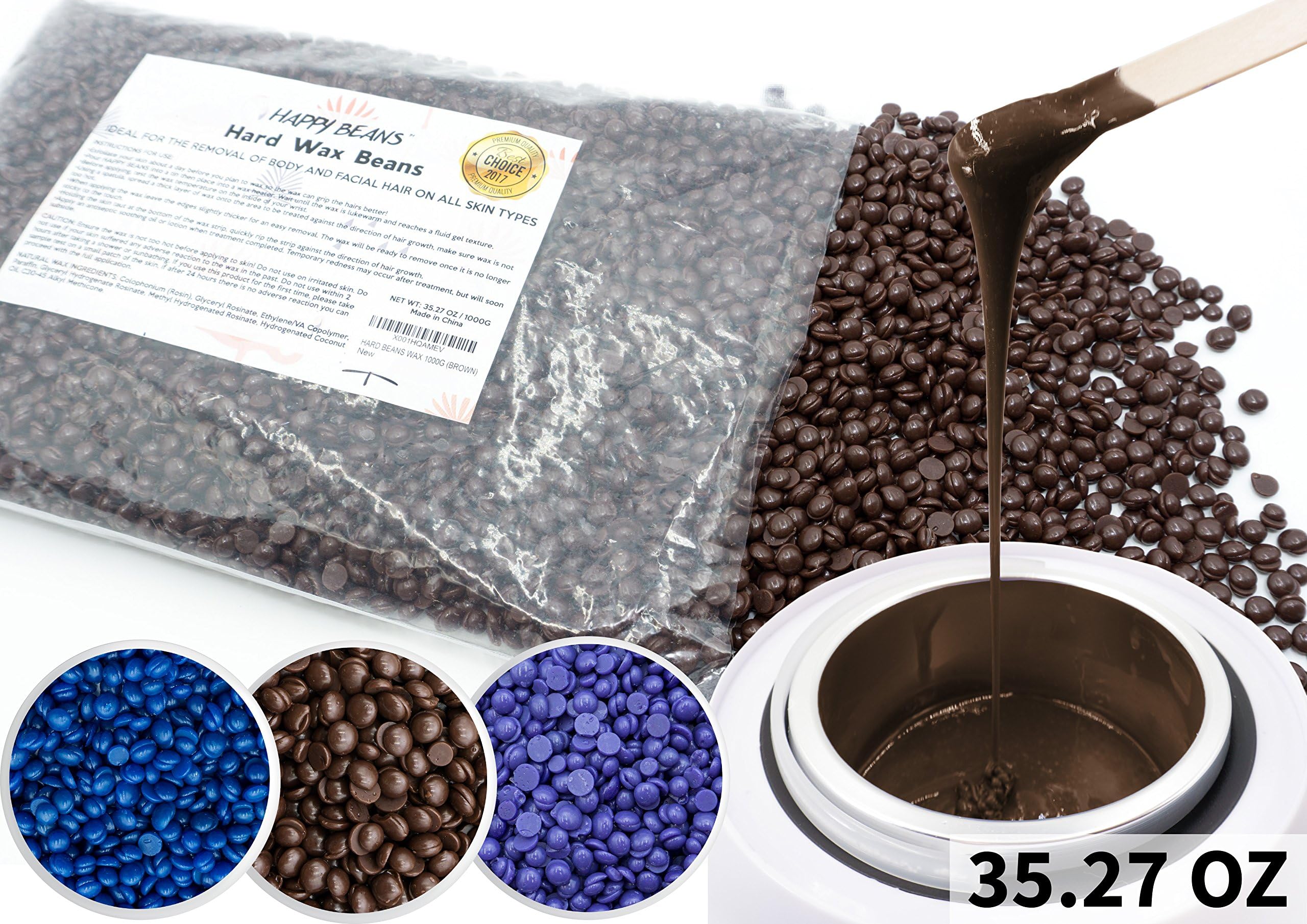 Hard Bean Wax, 35.27 OZ/ 1000g Huge Bag, Rapid Melt Hair Removal Wax, Stripless Body and Face Waxing, Chocolate Scent by HAPPY BEANS