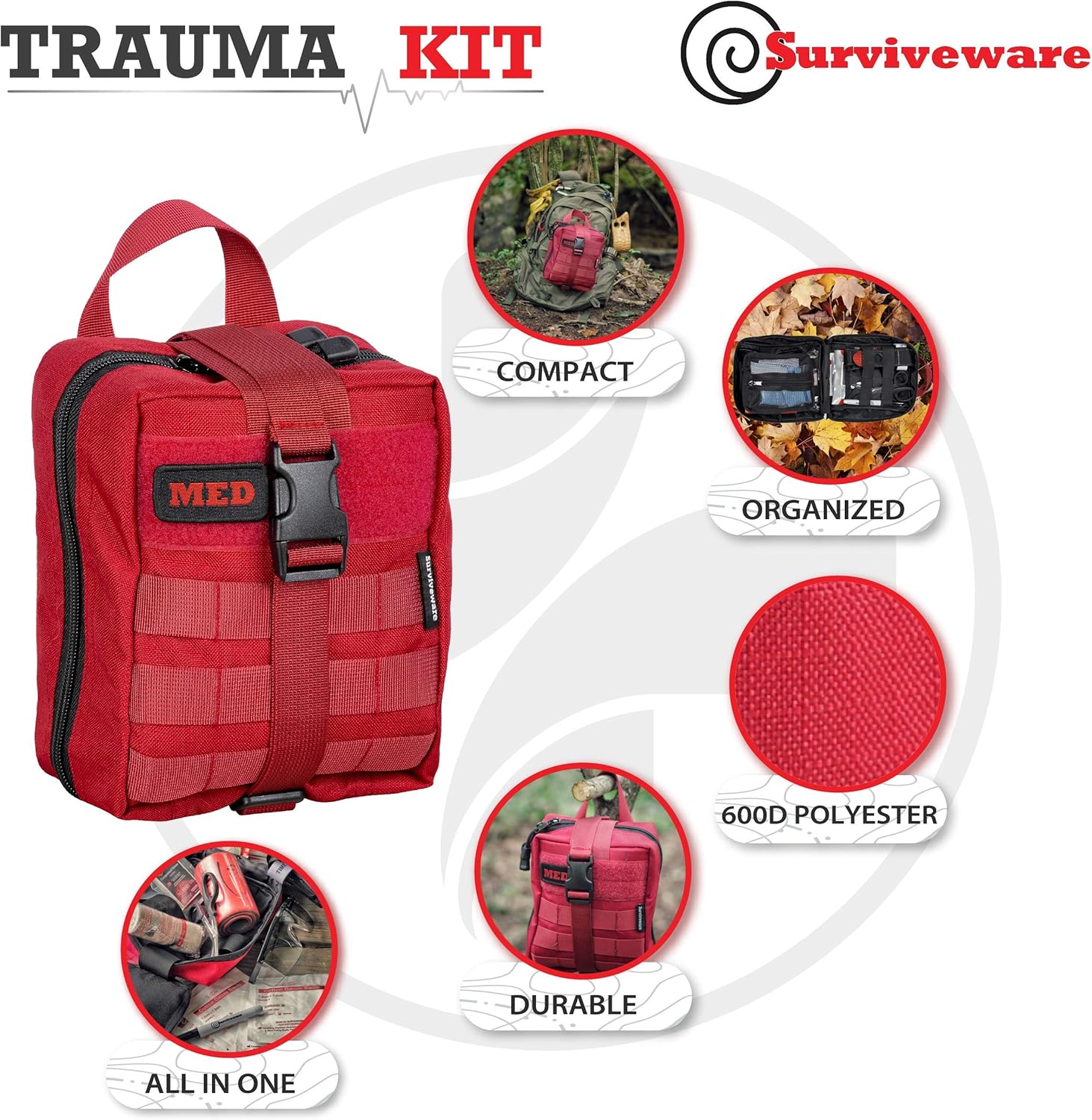 Surviveware Trauma First Aid Kit - IFAK Fully Stocked for Gunshot and Emergencies: Health & Personal Care