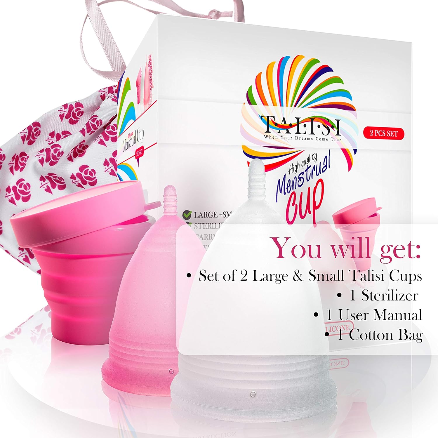 Talisi Reusable Menstrual Cups Set of 2 with Collapsible Silicone Foldable Sterilizing Cup - Tampon and Pad Alternative - Menstruation Feminine Period Cup for Regular and Heavy Flow with Sterilizer: Health & Personal Care