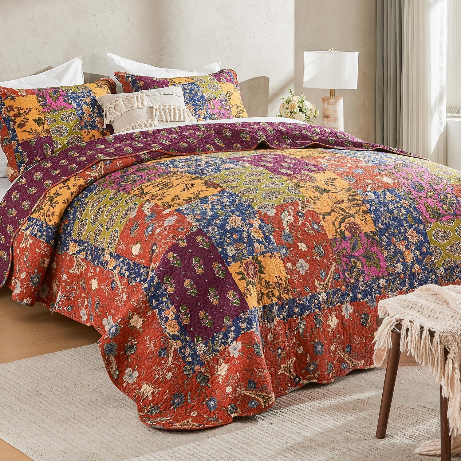 Photo 1 of DECMAY 100% Cotton Patchwork Quilts Queen Size Set, Lightweight Farmhouse Queen Quilt Bedding Set, 3 Pieces Bedspreads Reversible Coverlet Set with 2 Pillowcases for All Seasons,Orange