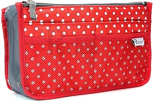 Periea Chelsy Purse Organizer Insert with Handles & 13 Pockets - 3 Sizes (Red with White Dots, Large)