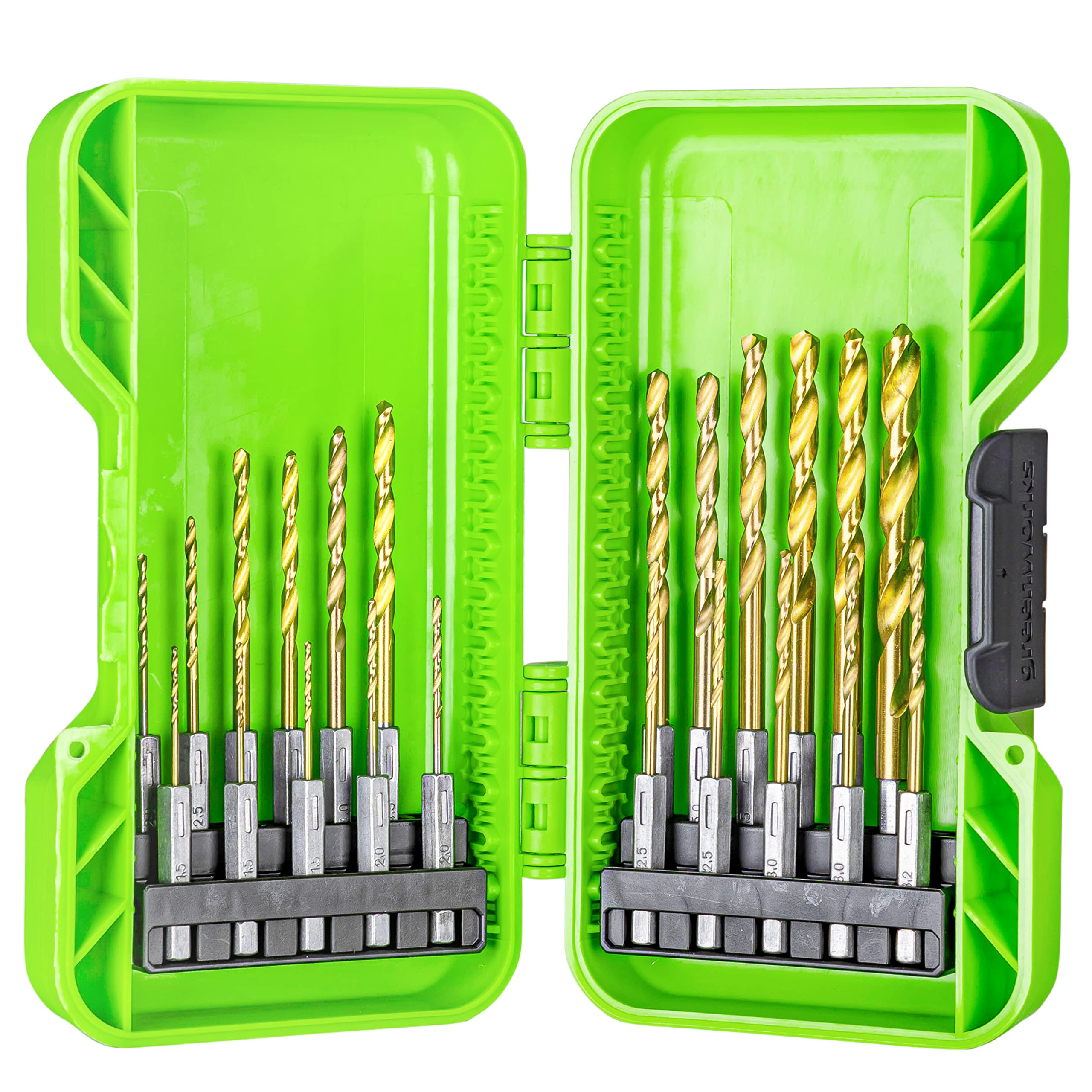 Greenworks Drill bits HSS 135° Hexagonal Drill bits (extensive Set of 22 bits of 1.5 mm to 8 mm with tin Coating Compatible with All Drills and Cordless Screwdrivers)
