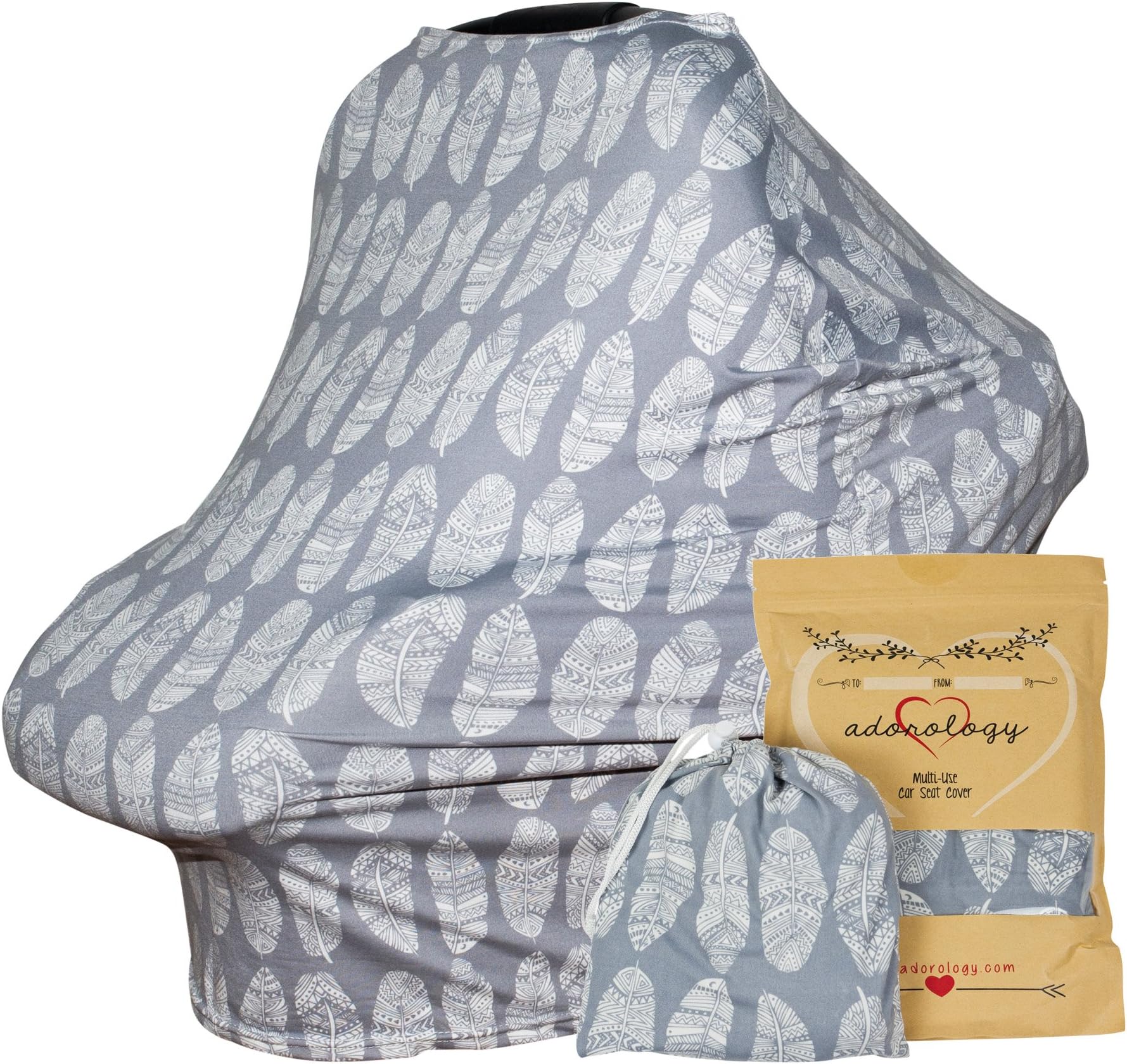 Baby Car Seat & Nursing Cover & Drawstring Carry Bag in Gray Feather Design Shower Gift Breathable Stretchy Universal 4 in 1 Multi-Use Infant Carseat Canopy Covers Shopping Cart High Chair Stroller