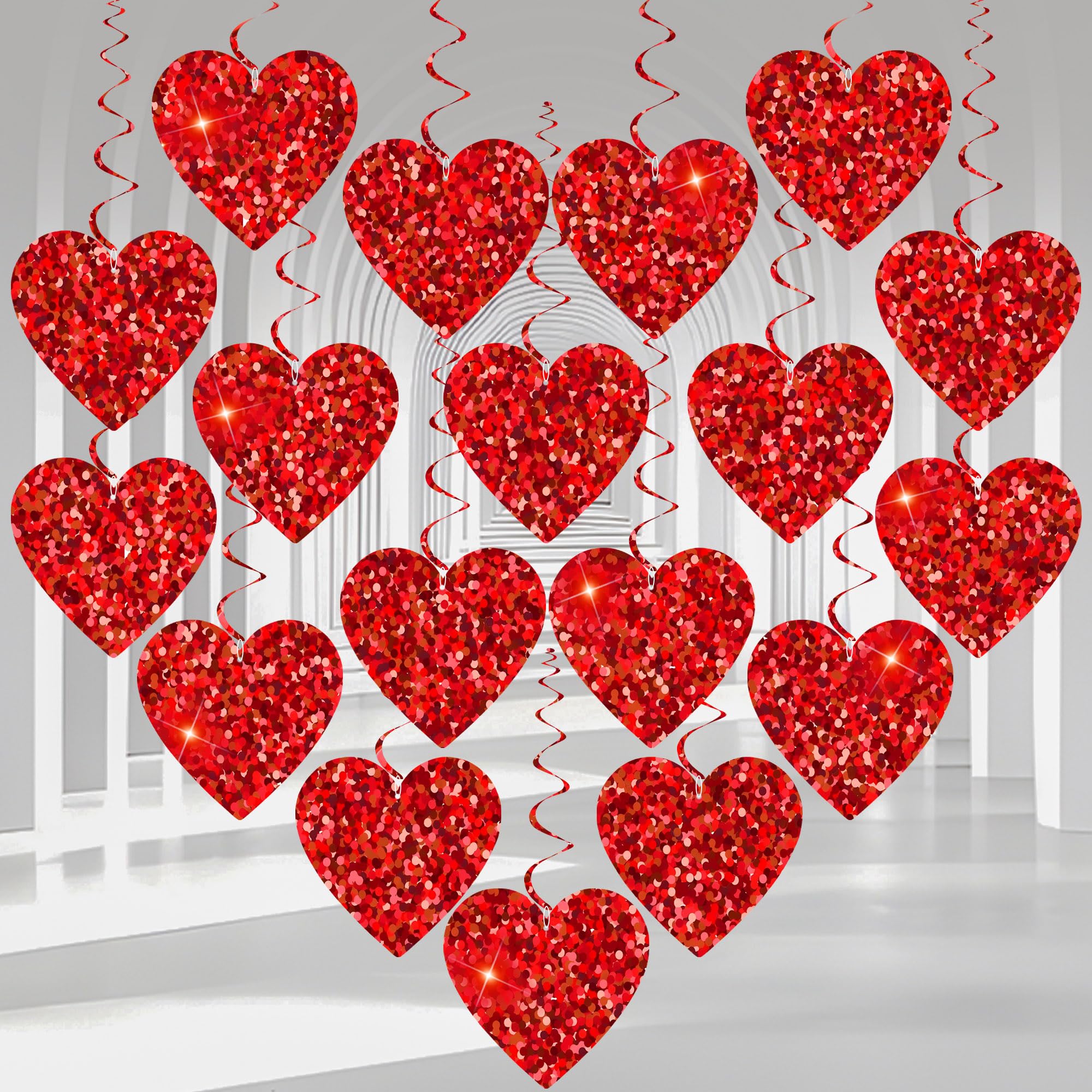 Photo 1 of 36 Pcs Valentine's Day Hanging Decorations Heart Hanging Swirl Glitter Red Heart Swirl Streamers Hearts Ceiling Foil Hanging Decorations for Wedding Anniversary Party Supplies