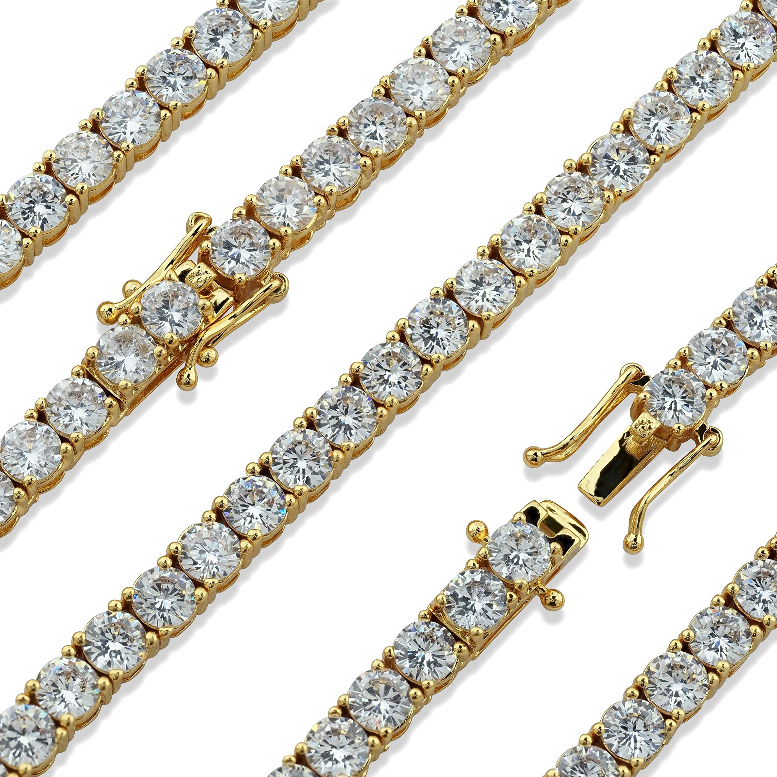 [2-5 Days Delivery] Premium 14KT Gold Electroplated Simulated Diamond Tennis Chain Made From Jewelers Alloy With Secure Box Lock. Available in Widths 3MM, 4MM, 5MM. Iced Out, Highest Quality AAA CZ Stones