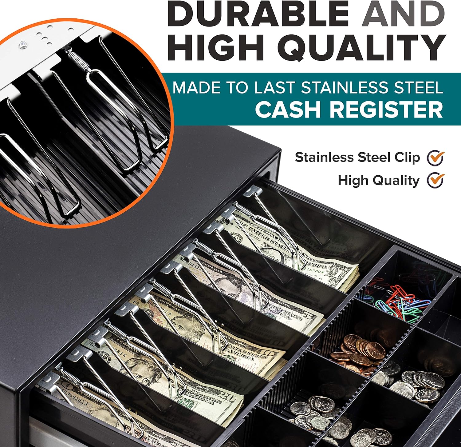 16" Manual Push Open Cash Register Drawer for Point of Sale (POS) System, Black Heavy Duty Till with 5 Bills/8 Coin Slots, Key Lock with Fully Removable Money Tray and Double Media Slots : Electronics