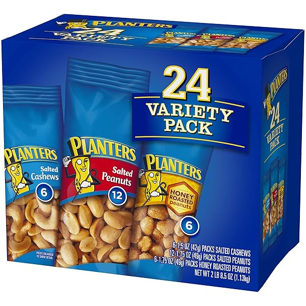 PLANTERS VARIETY PACKS (SALTED CASHEWS, SALTED PEANUTS & HONEY ROASTED PEANUTS), 24 PACKS – INDIVIDUAL BAGS OF ON-THE-GO NUT SNACKS – NO CHOLESTEROL OR TRANS FATS – SOURCE OF FIBER AND HEALTHY FATS