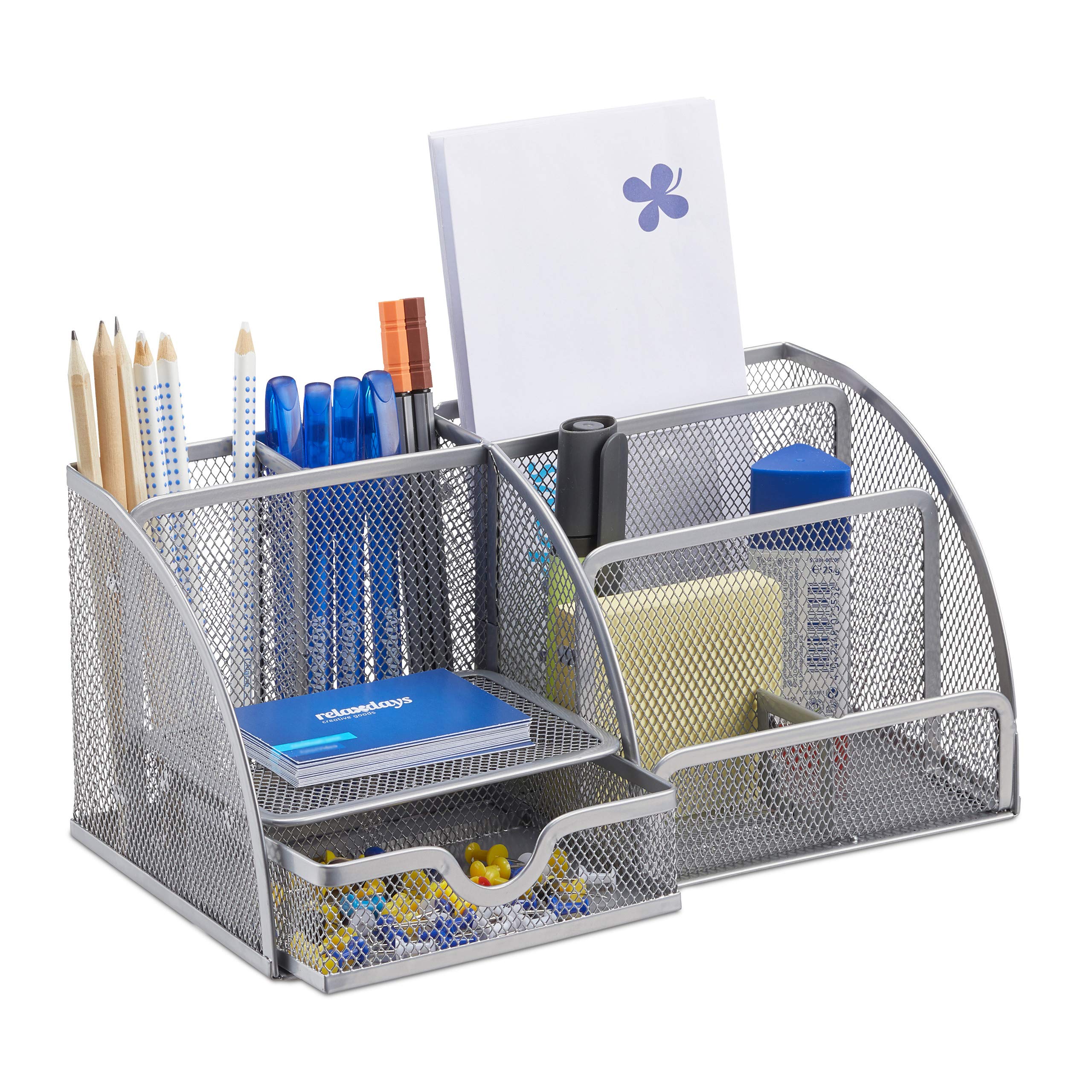 Relaxdays Desk Organizer, 6 Compartments, Compact Letter Rack, Metal, Drawer, Memo Box, Pen Holder, Silver