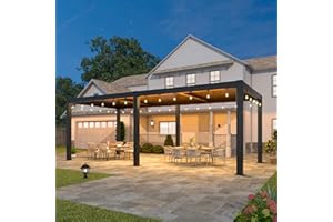 LVUYOYO Outdoor Louvered Pergola 10' x 20' with LED String Lights, Aluminum Pergola with Adjustable Roof, Waterproof Metal Gazebo for Patio, Backyard, Garden, Deck (10x20FT with Lights)