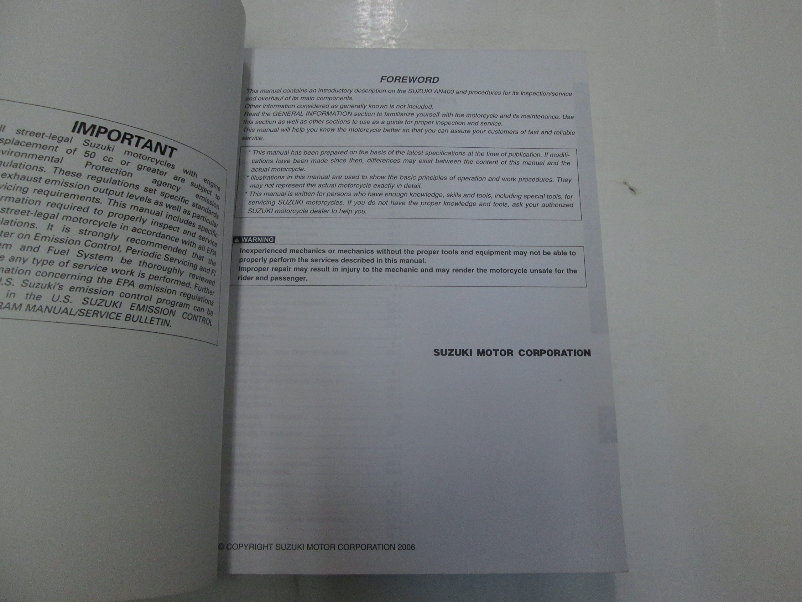 2007 Suzuki AN400 AN 400 Service Shop Repair Manual STAINED FADING FACTORY  ***: Suzuki: Amazon.com: Books