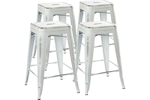 UrbanMod 24” Stool Set of 4 by Distressed White Rustic Bar Stools -Counter Height Stools 330lb Capacity Metal Stool Chair – Stackable Indoor/Outdoor Bar Stools for Kitchen Counter and Island