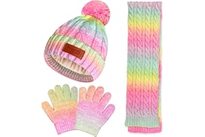 Toddler Kids Winter Hat Gloves Scarf Set for 2-7 Years, Warm Knit Boys Girls Hats Fleece Pompoms Beanies Neck Warmer