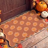 Dunzy Fall Doormat Pumpkin Scalloped Faux Coir Welcome Non Slip Mat | Outdoor Terracotta Autumn Door Mat with Orange Wavy Edge, Rust Brown Decorate Rug with Rubber Backing, for Front Door Porch