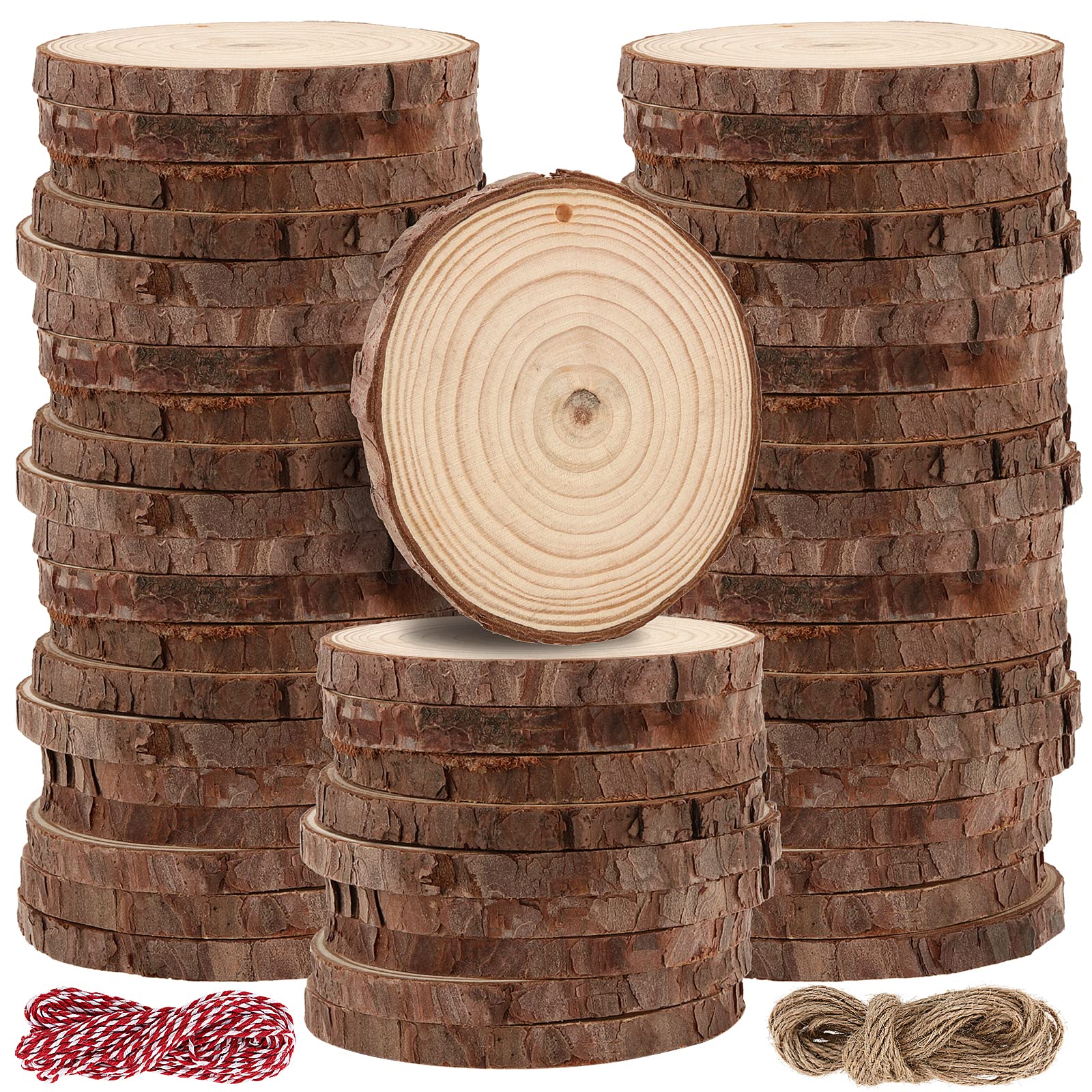 MUKLEI 50 PCS 9-10cm Natural Wood Slices, Round Log Slices with Hole, Predrilled Wood Craft Slices Unfinished Wooden Circles for Craft, DIY, Arts, Coasters, Christmas Ornament, with Twine Rope