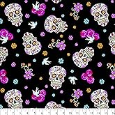 Day of The Dead Skulls Cotton Fabric by The Yard, with Glitter