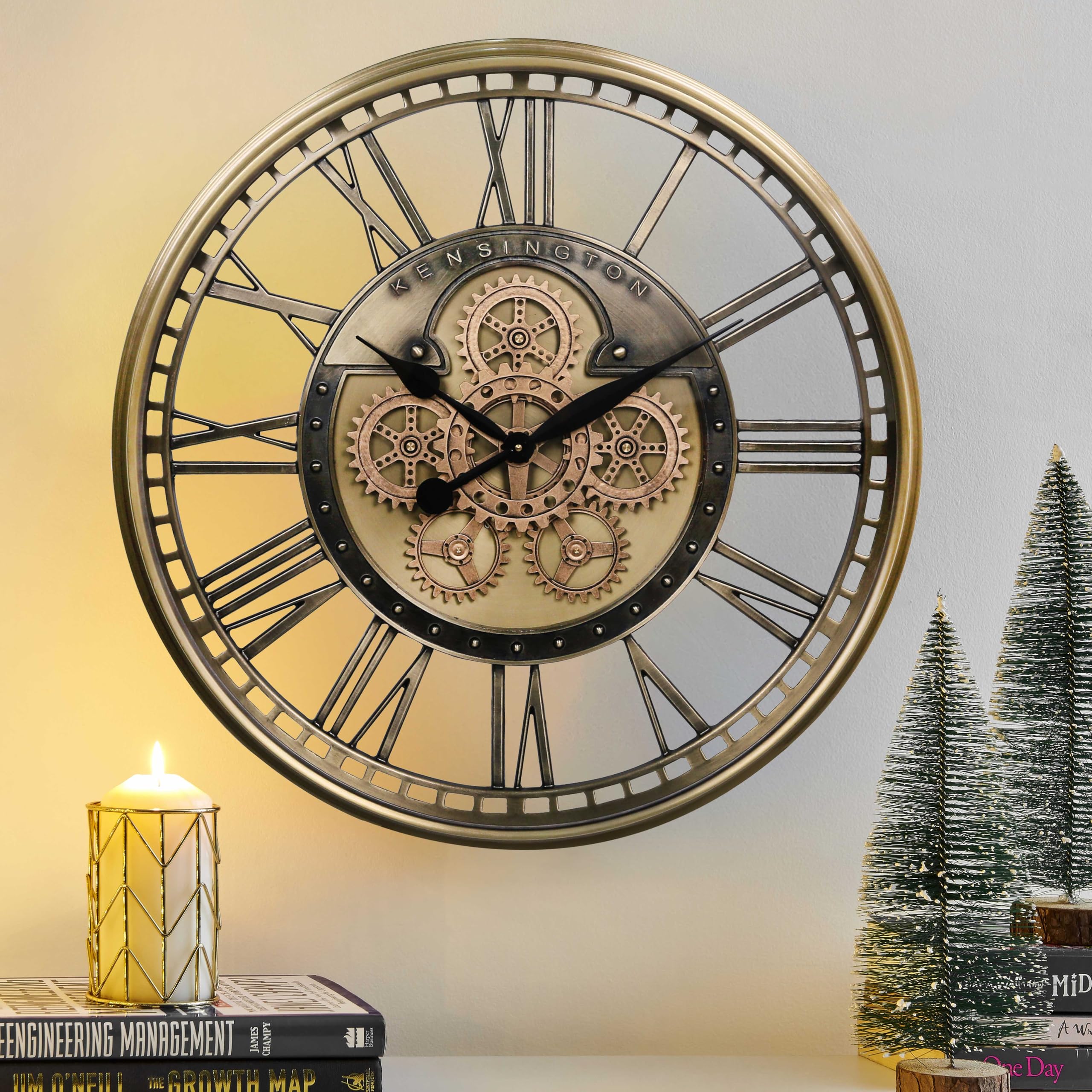 Photo 1 of *** FRAMING HAS DENTS AND OTHER DAMAGES FROM BEING PRYED OFF SOMETHING**** CLXEAST 28 Inch Gold Moving Gear Wall Clock for Modern Living Room Decor,Oversized Large Metal Roman Numeral Wall Clocks for Farmhouse Home Décor,House Warming Gifts New Home