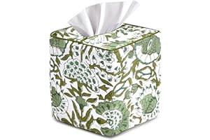 CPC COTTON PRINT CLUB CPC Agate Green Hand Block Printed Cotton Tissue Box Cover 5" x 5" x 5.5" Square Soft Reusable Boho Napkin Holder for Home Kitchen Dining Bathroom Office Cafe Spa Summer Thanksgiving