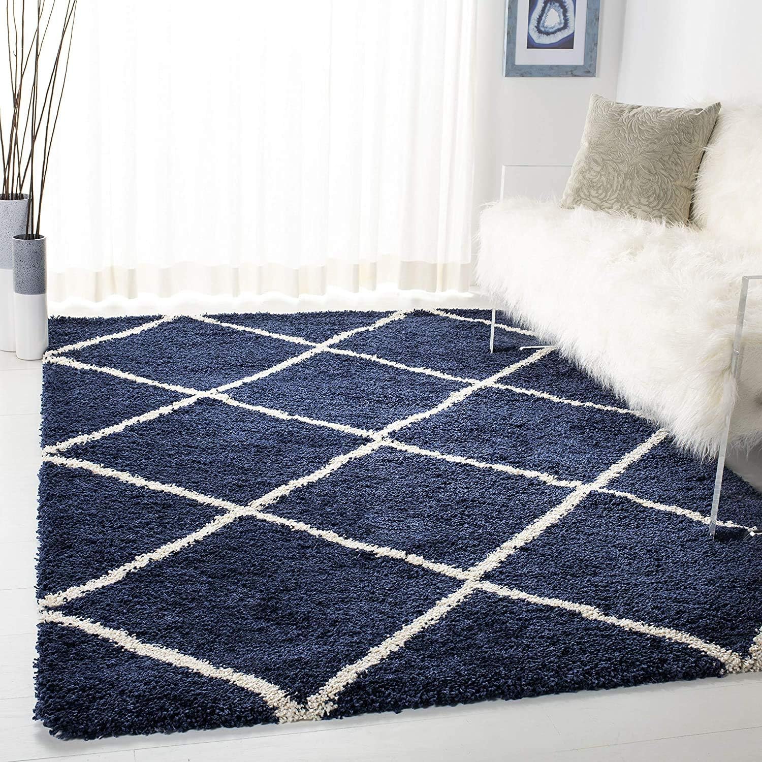 Buy Elegant Carpet NavyBlue Microfiber Shaggy Carpet for Living Room