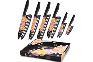 Marco Almond Knife Set Artistic Designed Pattern Kitchen Knife 6 Stainless Steel Kitchen Knives w 6 Blade Guards,Dishwasher Safe Kitche Knife Set for Family Kitchen Knives Set for Chefs