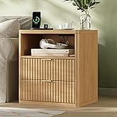 Fluted Nightstand with Charging Station, 21.7" Wide Modern Night Stand with 2 Drawers Open Storage Cabinet, Wooden Bedside End Table for Bedroom, Natural Oak