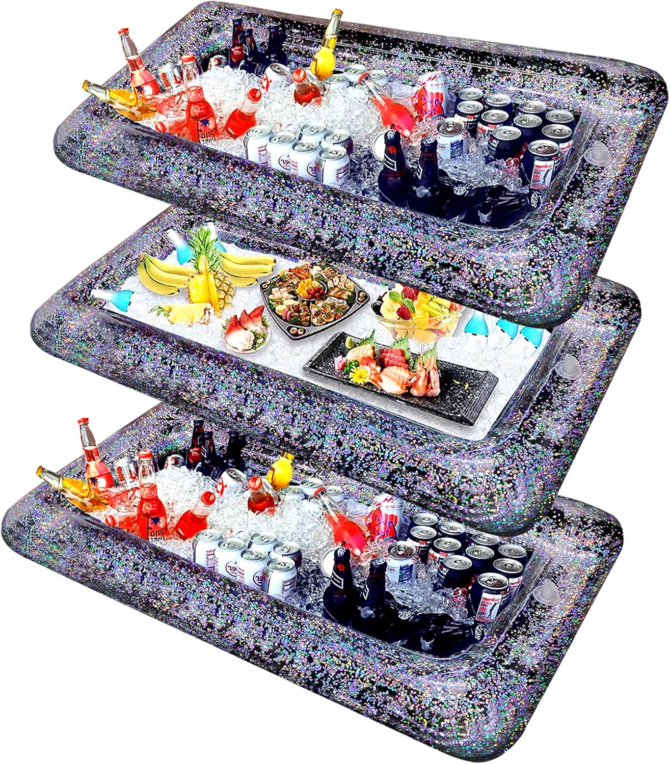 3Pcs [LARGE SIZE] Inflatable Glitter Ice Serving Bar with Drain Plug, Holiday Indoor Outdoor BBQ Picnic Luau Pool Party Supplies for Salad Food Drink Cooler(Black)