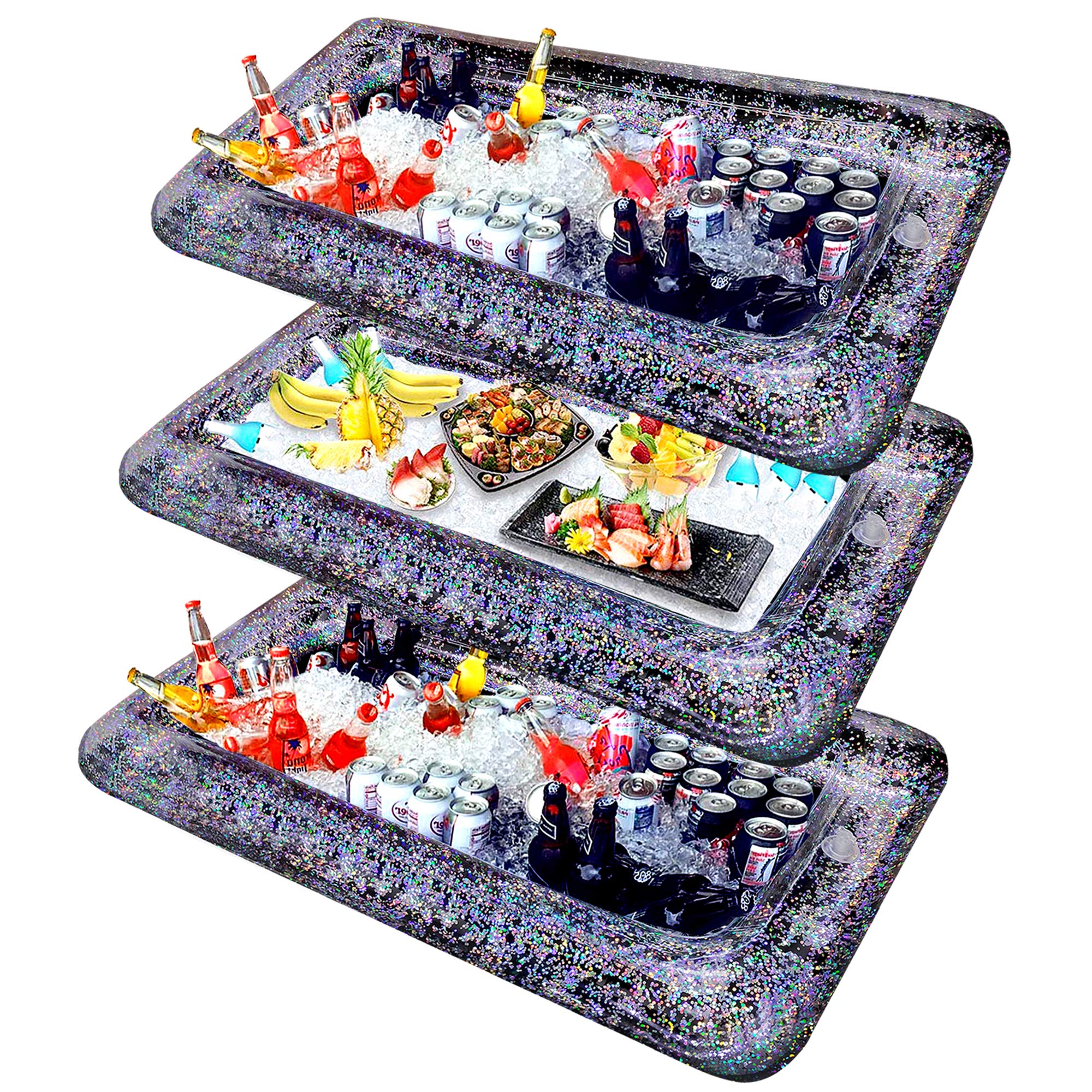 3Pcs [LARGE SIZE] Inflatable Glitter Ice Serving Bar with Drain Plug, Holiday Indoor Outdoor BBQ Picnic Luau Pool Party Supplies for Salad Food Drink Cooler(Black)