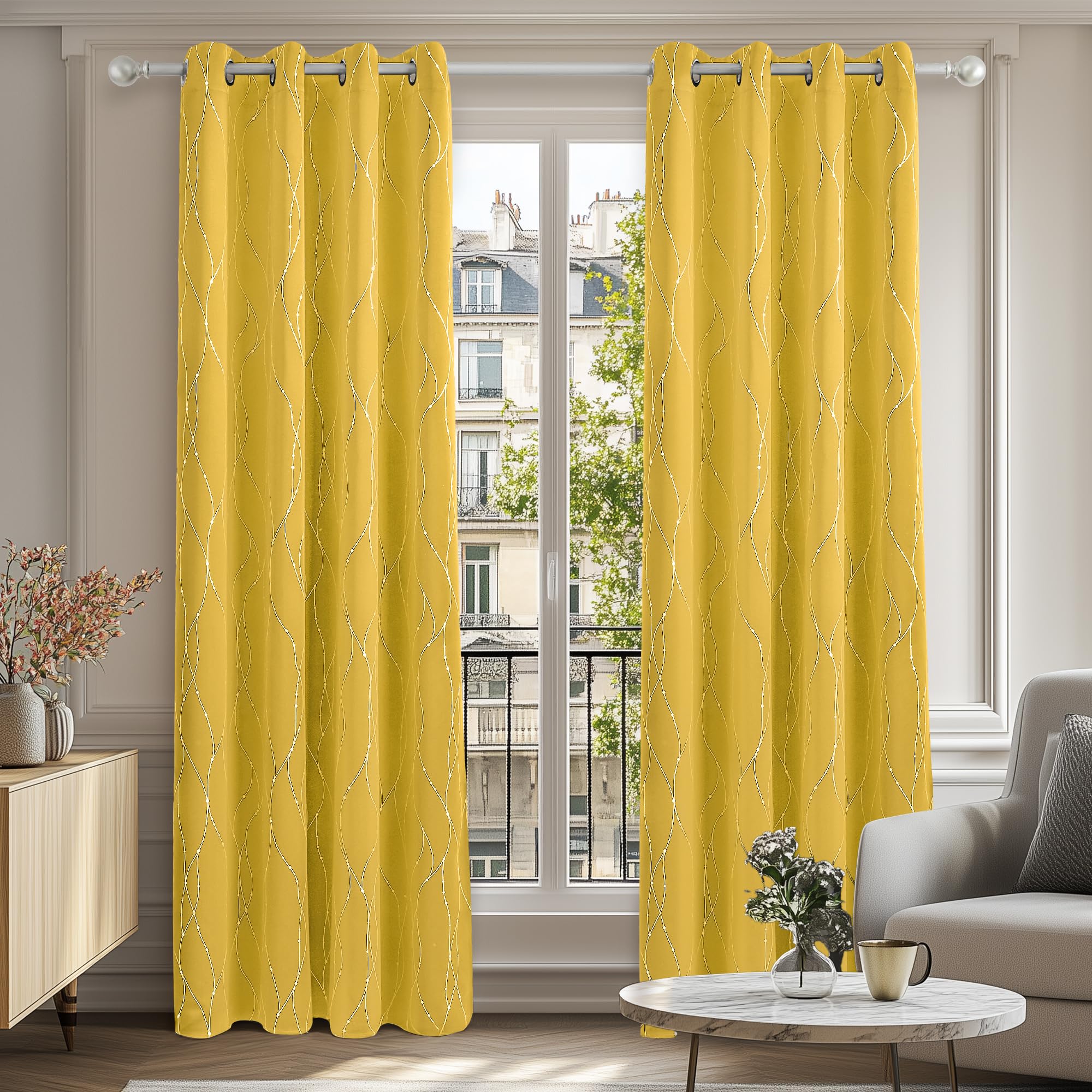 Deconovo Dot Line Decorative Super Soft Thermal Insulated Energy Saving Blackout Curtains for Living Room Mellow Yellow 46 x 72 Inch 2 Panels