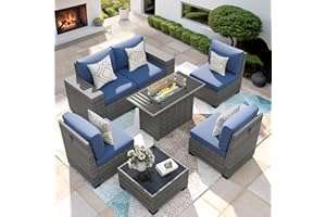 VONZOY 7 Piece Patio Furniture Set with Fire Pit Table, Outdoor Conversation Sets Wicker Rattan Sectional Sofa with Coffee Table, 4'' Thickened Cushion Navy Blue (Include Waterproof Cover)