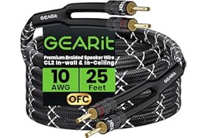 GEARit 10AWG Speaker Cable Wire with Gold-Plated Banana Tip Plugs (25 Feet) in-Wall CL2 Rated, Heavy Duty Braided, 99.9% Oxygen-Free Copper (OFC) - Black, 25ft