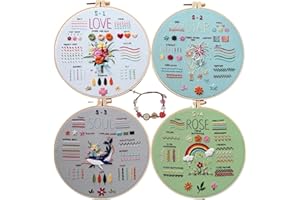 Nalexmi Embroidery Kit for Beginners, DIY Cross Stitching Kit with Stamped Flower Patterns, 4 Pack, Includes Hoop-1, Tools, Threads, Needles, Instructions