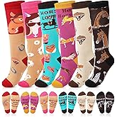 Berlune 6 Pairs Funny Horses Riding Socks for Women Long Equestrian Knee High Socks Cotton Novelty Cute Western Cowboy Stockings for Horse Lovers Gifts Party Favors