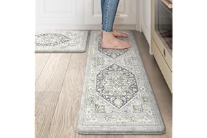 LEEVAN Kitchen Rugs Non Slip, Cushioned Kitchen Floor Mats Set of 2, Anti-Fatigue Kitchen Mat Waterproof, Ergonomic Memory Foam Standing Mat for Bar,Office,Desk,Laundry(Grey&Green)