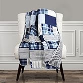 Lush Decor Greenville Cotton Throw Blanket 50" W x 60" L Navy - Cotton Blanket for Bed -Patchwork Quilt - Farmhouse Couch Blankets - Rustic Home Decor