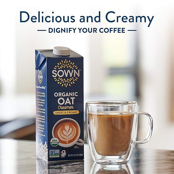 SOWN ORGANIC OAT CREAMER SWEET & CREAMY – BARISTA OAT MILK NON DAIRY COFFEE CREAMER – PLANT BASED, DAIRY-FREE, VEGAN, GLUTEN-FREE, NON-GMO, SHELF STABLE – 32OZ