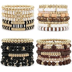Kiaaokam 4 Sets Boho Stackable Beaded Stretch Bracelets for Women, Multi Layer Gold Accent Heishi Bead Bracelet Pack, Neutral