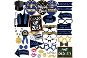 Class of 2026 Graduation Photo Booth Props Set - 35PCS Blue and Gold Graduation Party Decorations with Paper Sticks & Double-