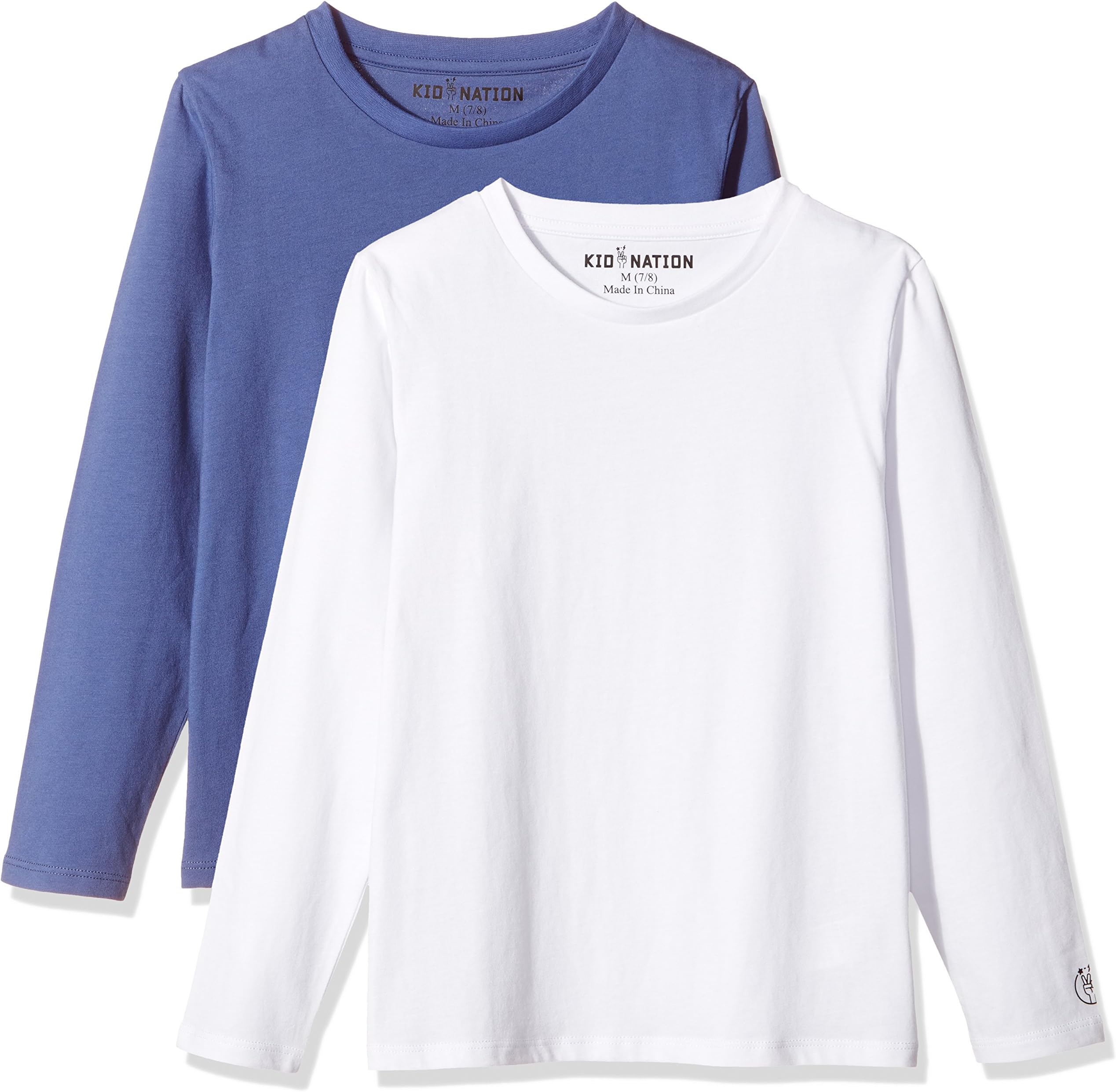Kid NationKids 2 Packs 100% Cotton Tagless Long Sleeve Crewneck T Shirt Top for Boys or Girls 4-12 Years