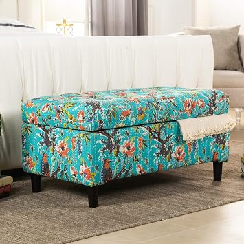Amazon Com Jennifer Taylor Home Naomi Collection Bohemian Style Cotton Upholstered Hand Tufted Storage Accent Entryway Bench With Floral Bird Print Turquoise Home Kitchen
