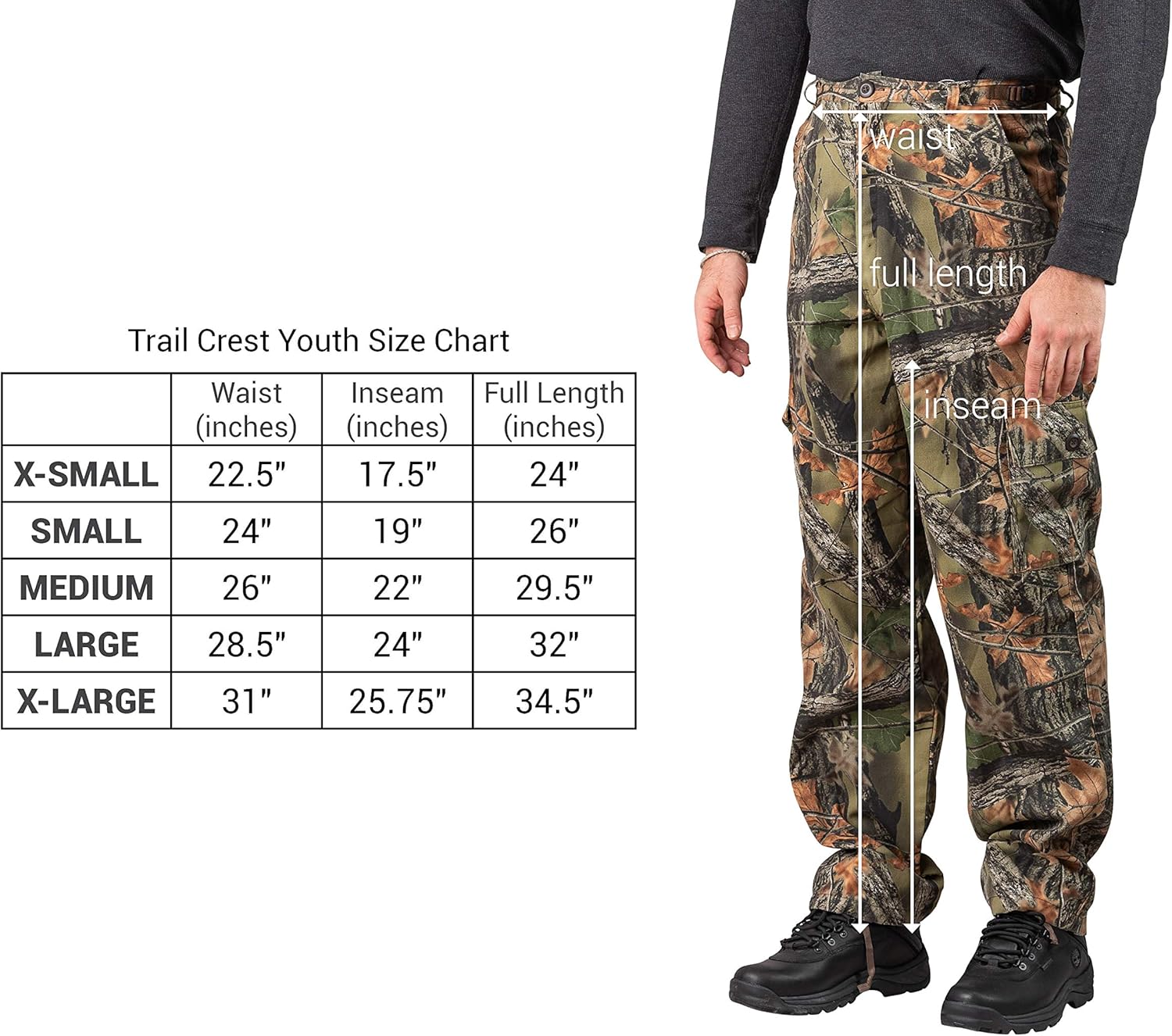 TrailCrest Boys Camo Hunting Pants with Elastic Waist Band - 6 Pocket Cargo Pants - Youth: Clothing