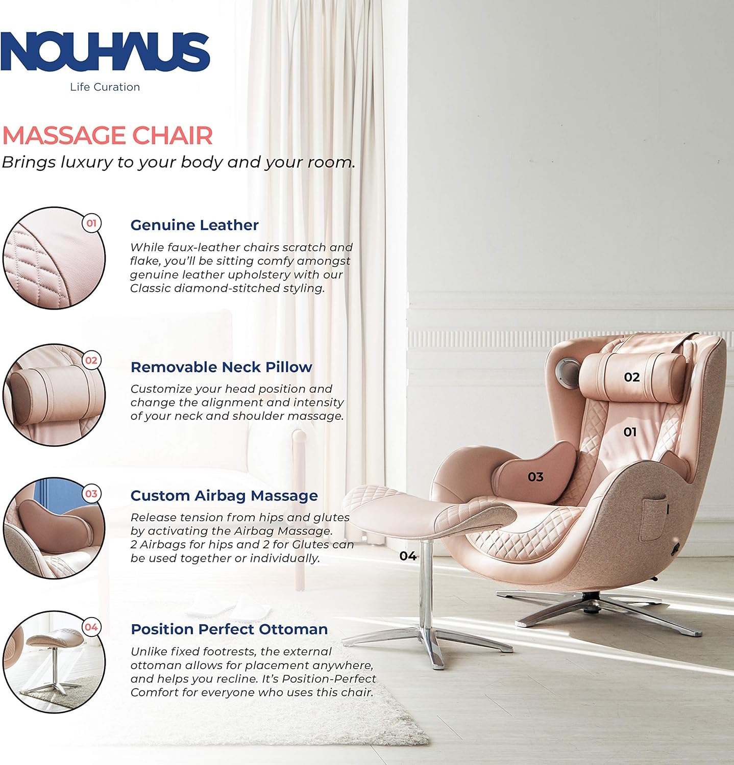 Nouhaus Classic Massage Chair with Ottoman. Pink Leather Lounge Chair, with Percussive & Shiatsu Chair Massager, Bluetooth Speaker and Recliner. Swivel Reading Chair with Spot and Full Body Massager: Kitchen & Dining