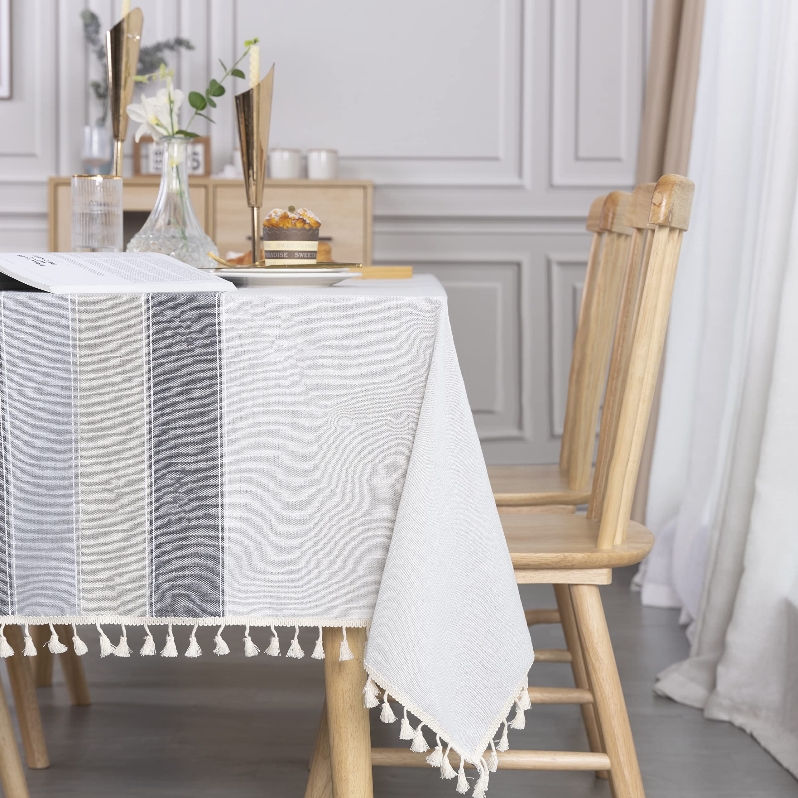 SUNBEAUTY Wipeable Table Cover Rectangular Tablecloth Cotton Linen Table Cloth Heavy Duty with Tassel Fringe Decoration 140x240 cm for Kitchen Dining Table - 55 x 94 inch