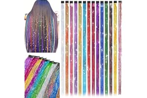 LADYAMZ Clip In Tinsel Hair Extensions 14 Colors, 19.7 Inch Glitter Fairy Hair Tinsel Kit Clips, Sparking Hairpieces Colorful Hair Accessories for Christmas Girls Women Kids Gift Party Highlights