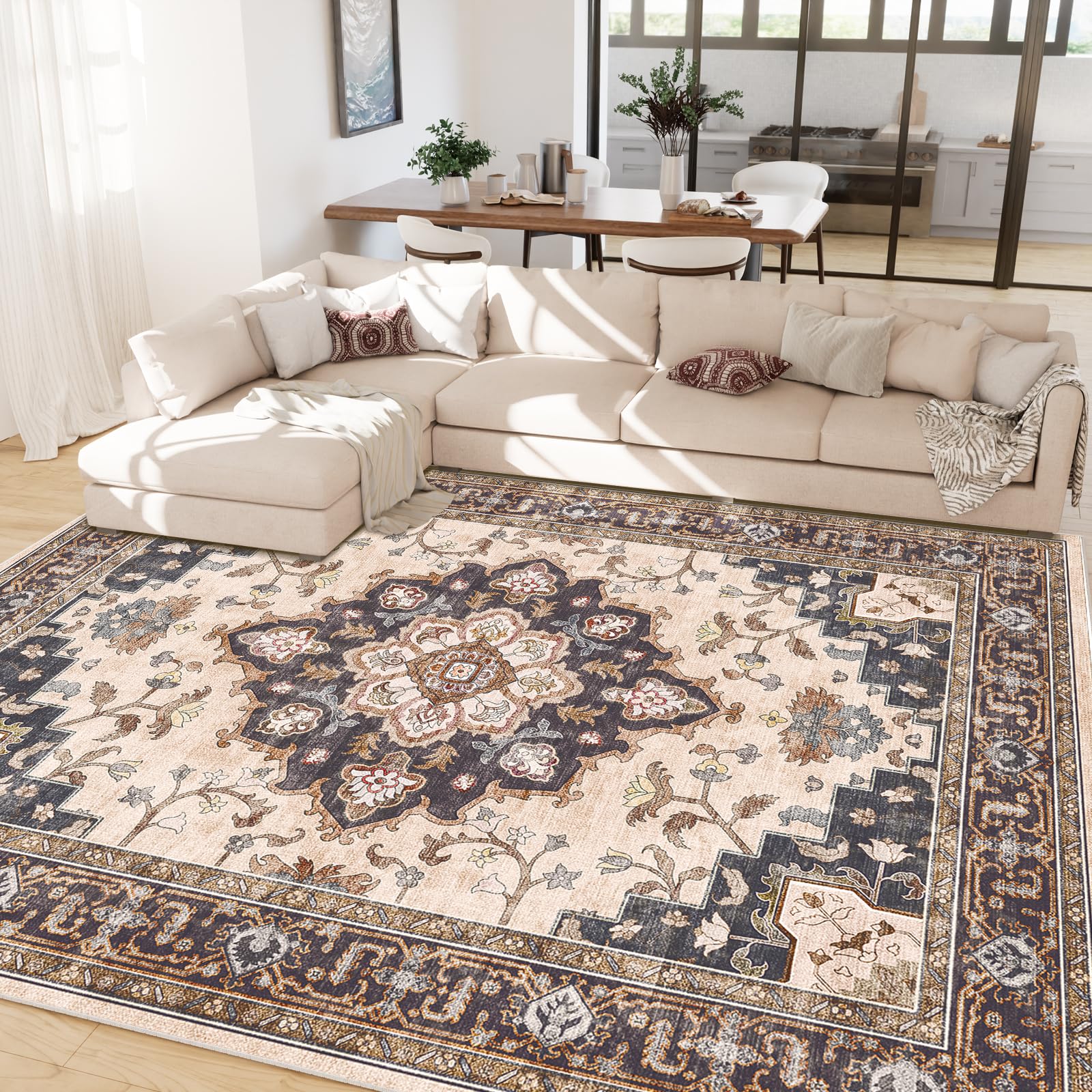 CAPALOCA Machine Washable Rugs Nursery Rug 9x12 Area Rugs Girl Non Slip Low Pile Water Repellent Soft Print Pattern for Bedroom Indoor Decor Kids Playroom Coffeebeige Image