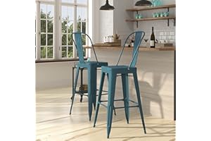 Merrick Lane Sabine 30" Metal Indoor-Outdoor Counter Stool with Vertical Slat Back and Integrated Footrest in Distressed Kelly Blue-Teal