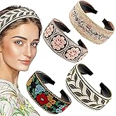 EBOOT 4 Pieces Boho Headband for Women Embroidery Wide Hair Band Bohemia Floral Knotted Wide Headbands Vintage Ethnic Style Girls Accessories(Classic Pattern)