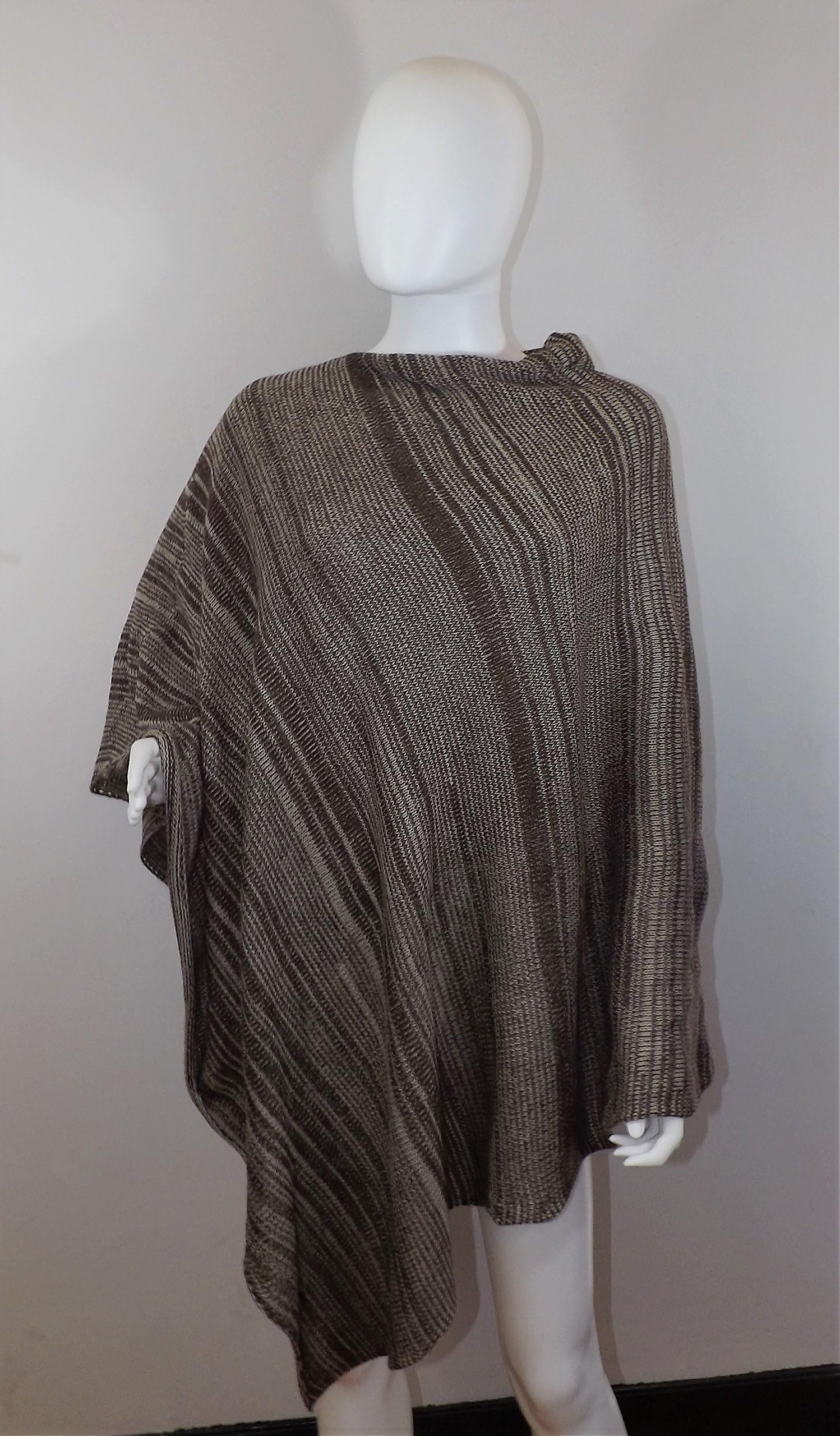 Handmade Knit Poncho - Brown and Beige Random Stripes