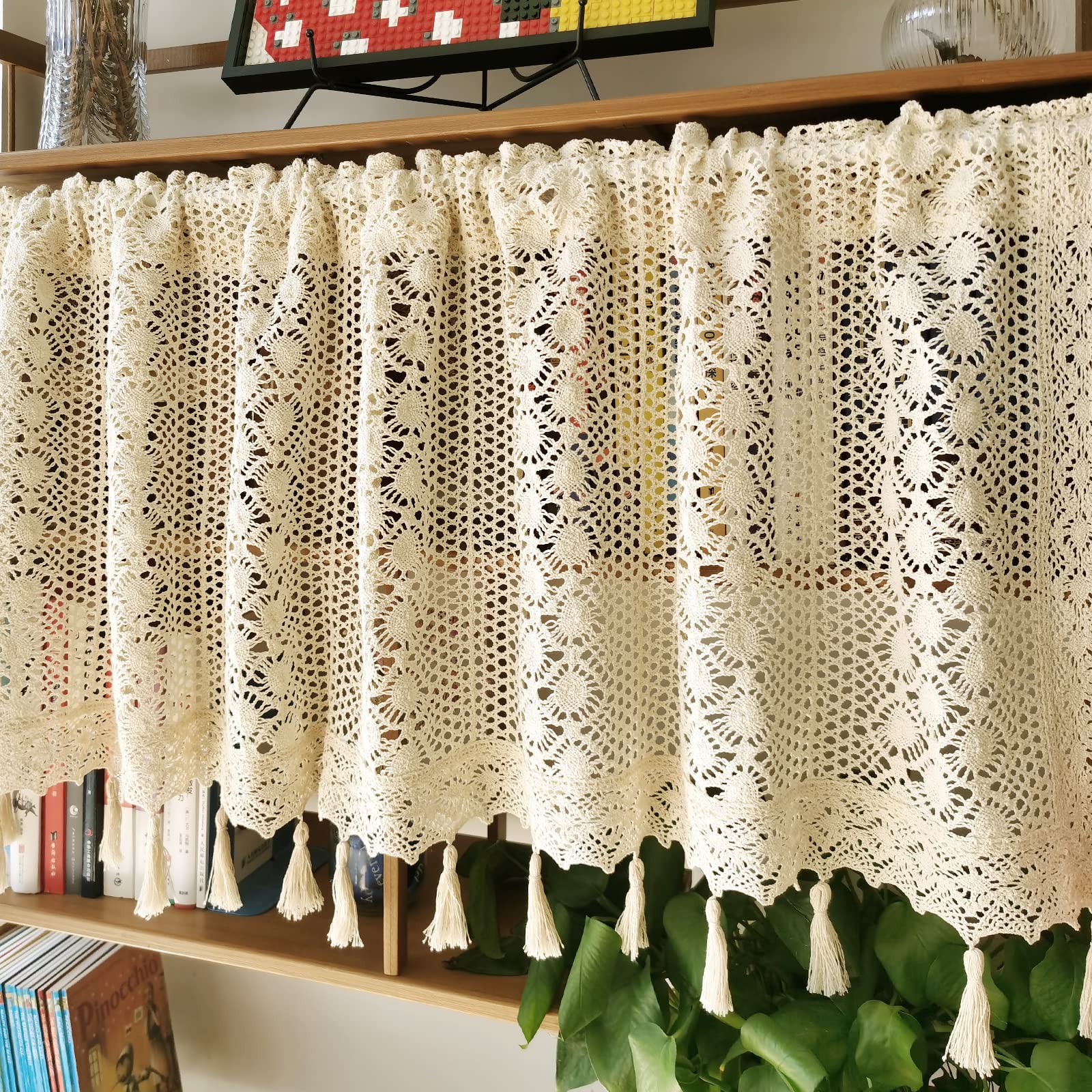 Choicehot Crochet Hollow Curtain With Tassel - 60cm Drop Retro Style Kitchen Cafe Valance - Beige Privacy Protected Bathroom Valance With Rod Pocket - Short Curtain, 60x150cm